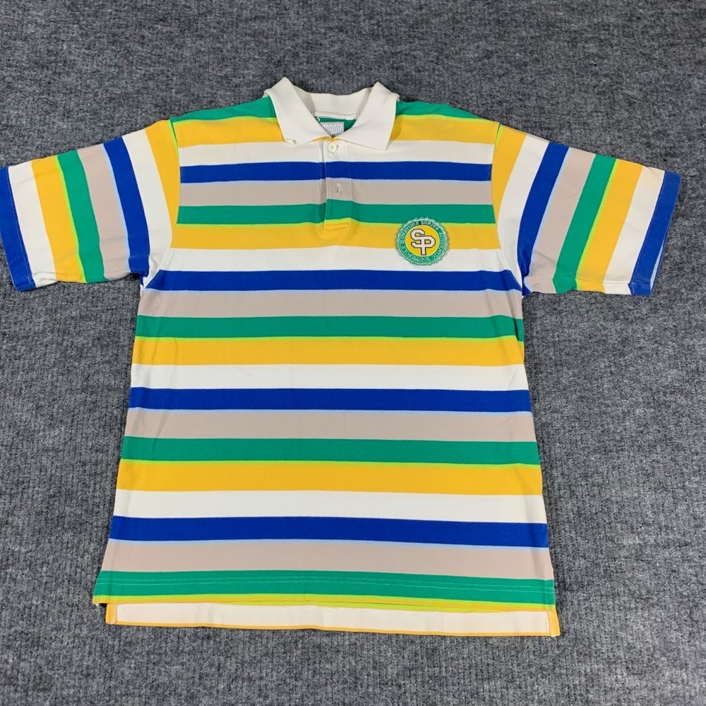 Vintage Southpole Polo Shirt Mens Medium White Striped Rugby Short Sleeve Patch